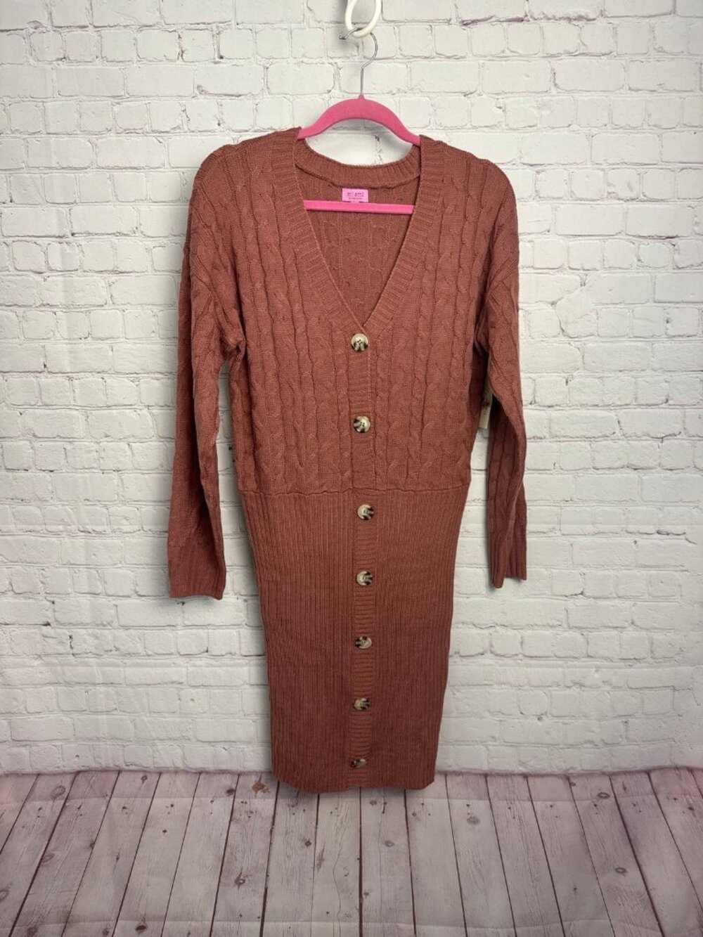 Mi Ami for francescas medium knitted sweater dress taupe pink button up retro